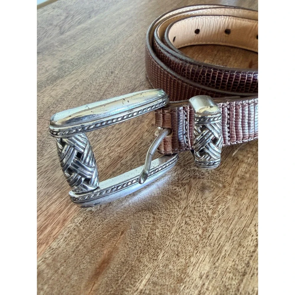 Brighton Womens Brown Lizard Embossed Leather Belt Size L Silver Buckle Western